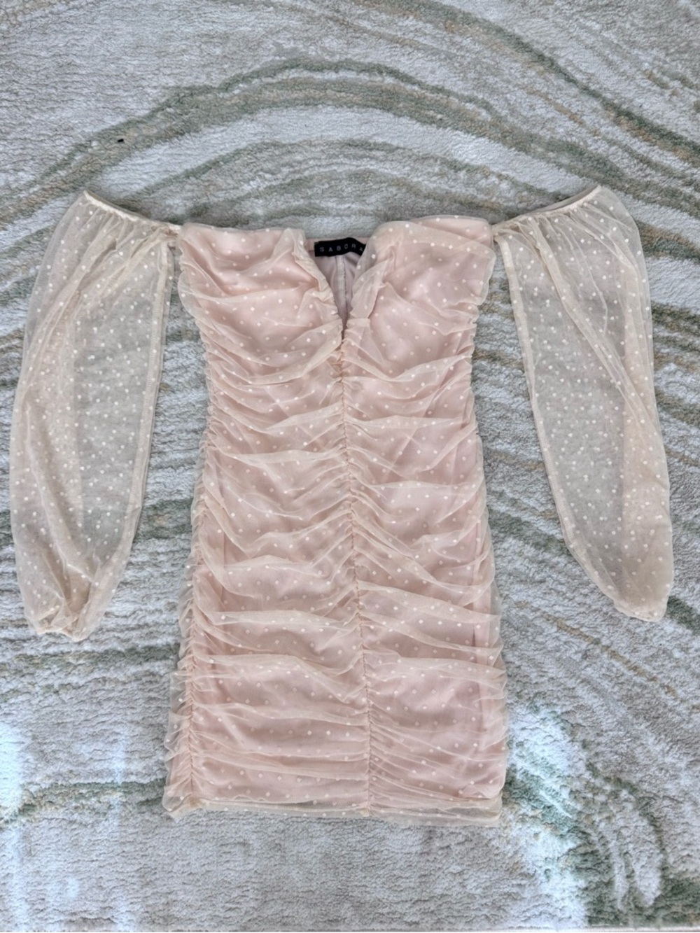 Sabora Blush Pink Sheer Dot Ruched Off-Shoulder Mini Dress size M